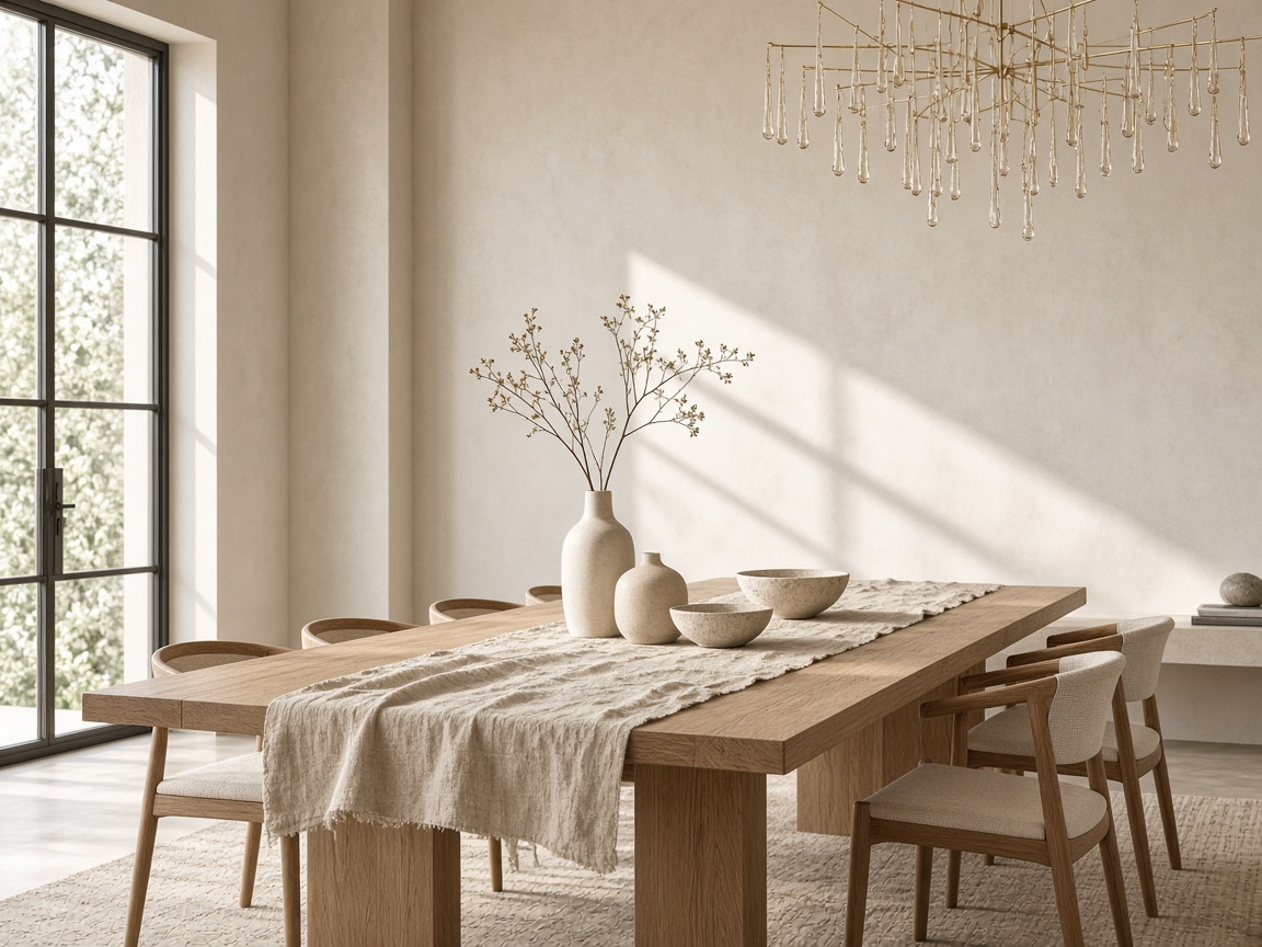 Luxury dining room with an oak table, linen runner, and morning light.