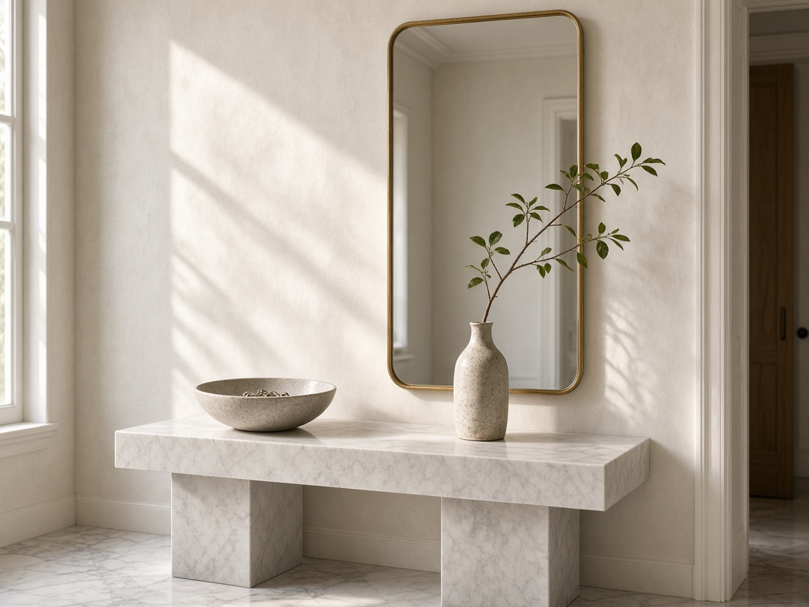 Pale marble console in a sunlit entry with a ceramic bowl and a single branch.