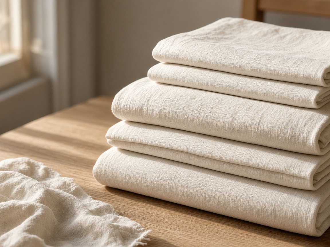 Stacked ivory linen towels and sheets on an oak table.