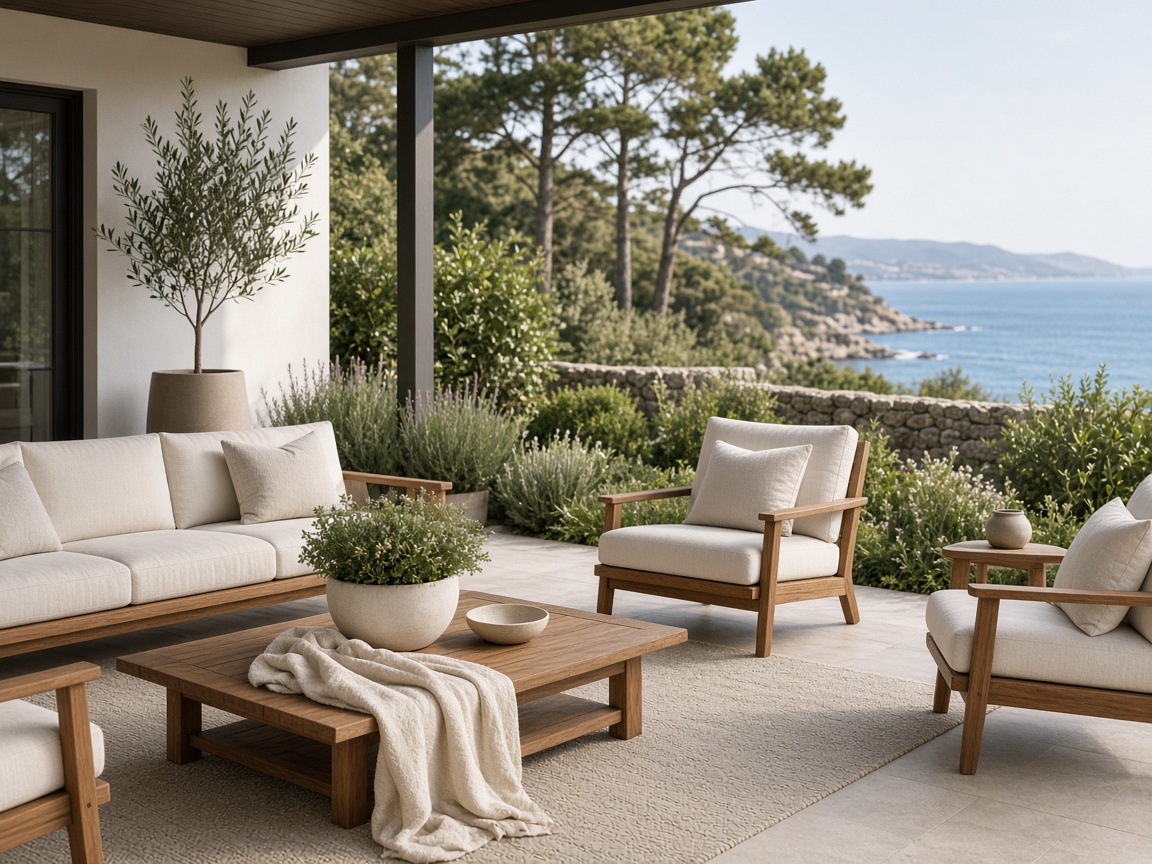 Teak terrace lounge furniture with ivory cushions.