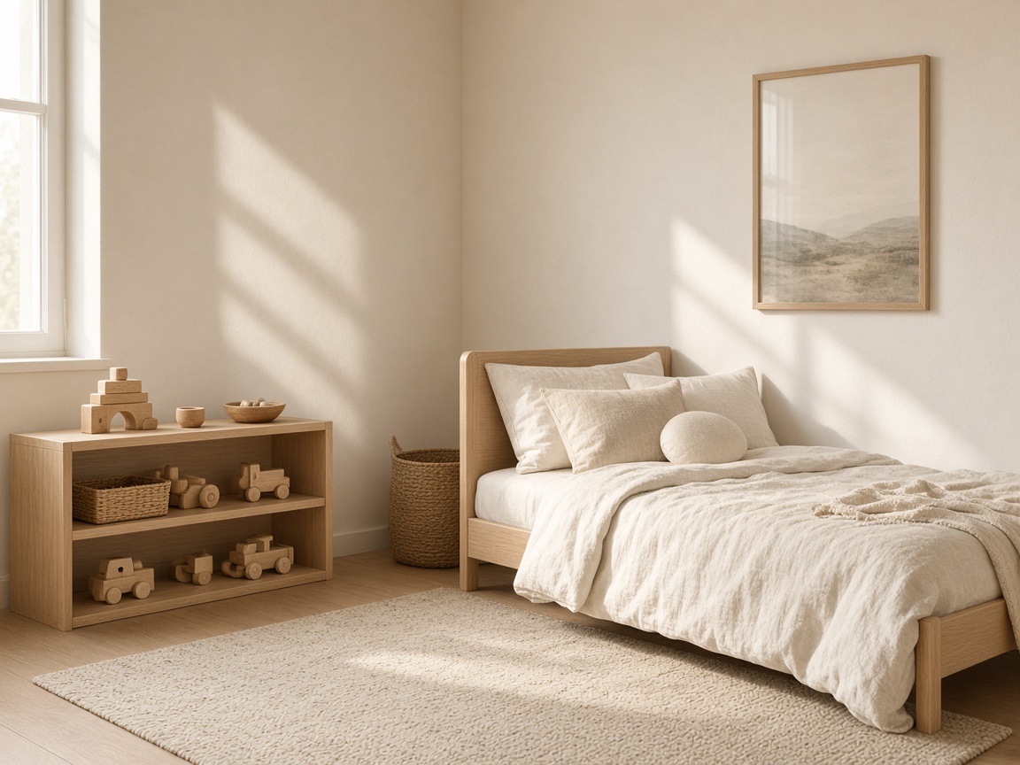 Serene nursery with ivory linen and wooden toys.