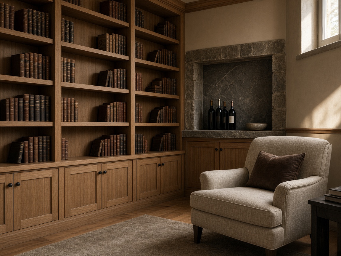 Private library with oak shelves and a linen armchair.