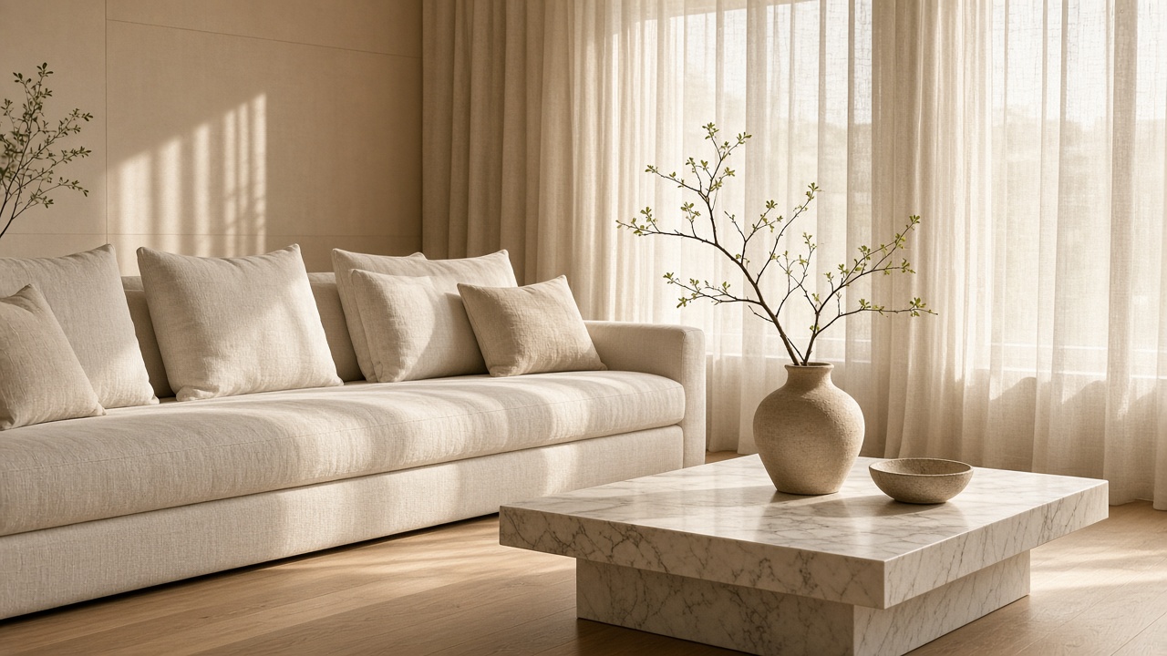 Sunlit living room with an ivory linen sofa, pale oak floors, and a marble table holding a single branch.