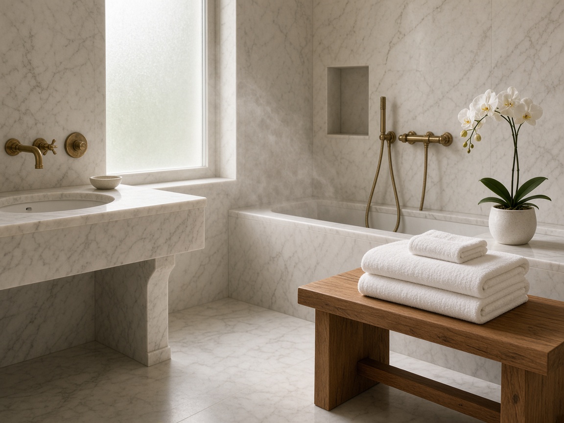 Spa-like marble bathroom with brass fixtures and folded ivory towels.