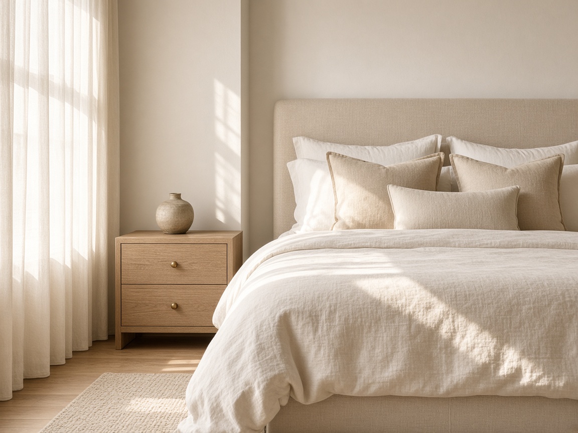 Hotel-quality primary bedroom with ivory linens and morning light.