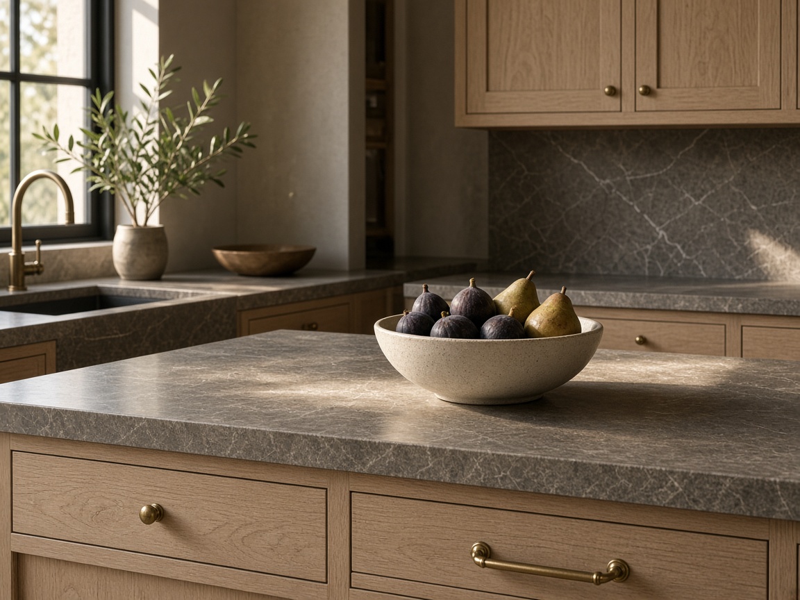 Editorial kitchen with honed stone counters, brass hardware, and a fruit bowl.