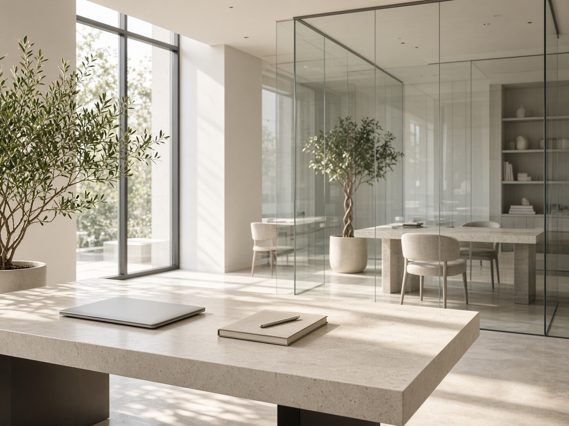 Bright boutique office with glass, pale stone desks, and plants.