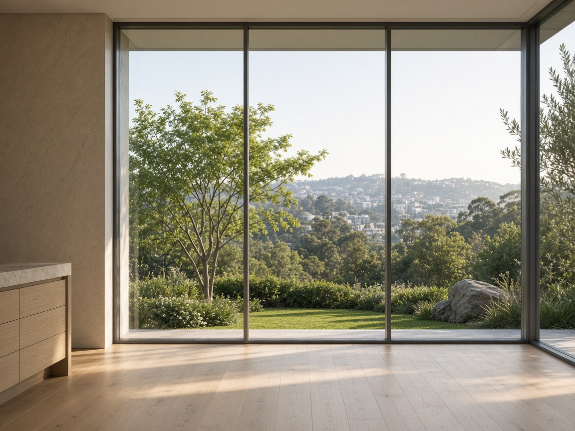 Floor-to-ceiling architectural glass looking onto a garden hillside.